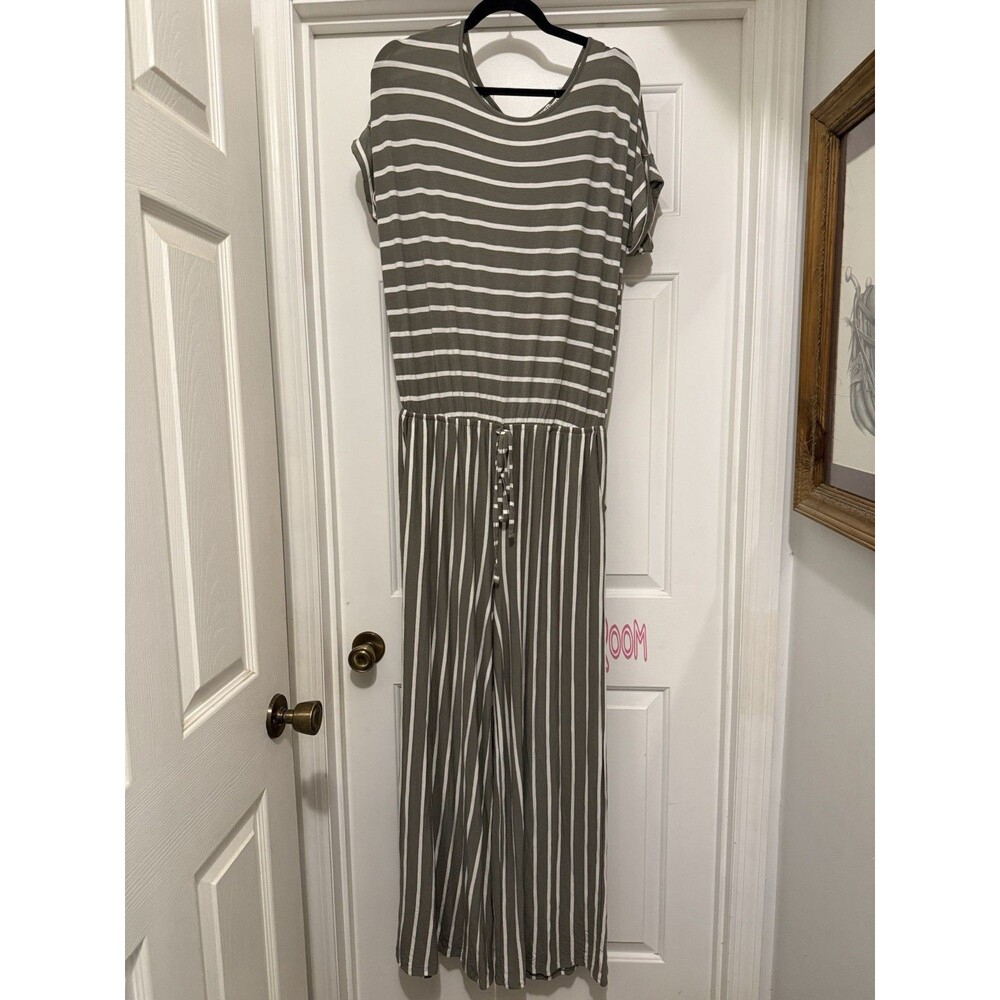 ZENANA Women’s Olive Green & White Striped Wide Leg Jumpsuit XL Vintage Inspired